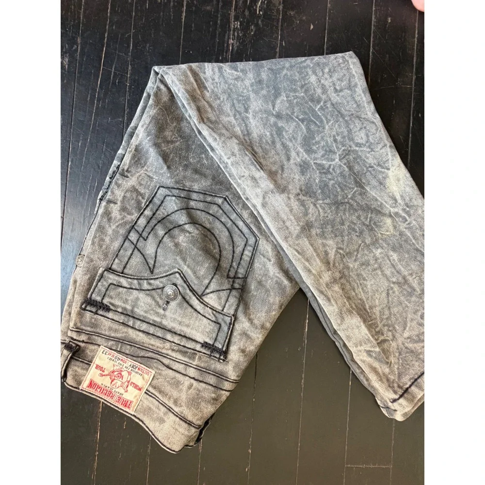True Religion Joey Mens Gray Acid Wash Black Triple Stitch Jeans Size 40x33 USA